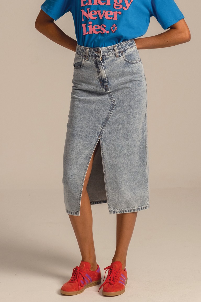 "karmic" denim skirt peace & chaos