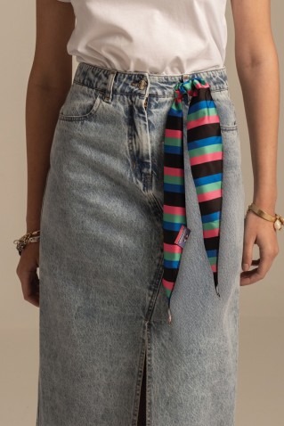 "karmic" denim skirt peace & chaos