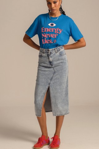 "karmic" denim skirt peace & chaos