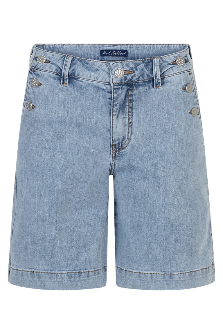 "bibette short & button" denim shorts red button