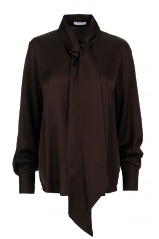 satin ecovero tie neck shirt philosophy dark brown