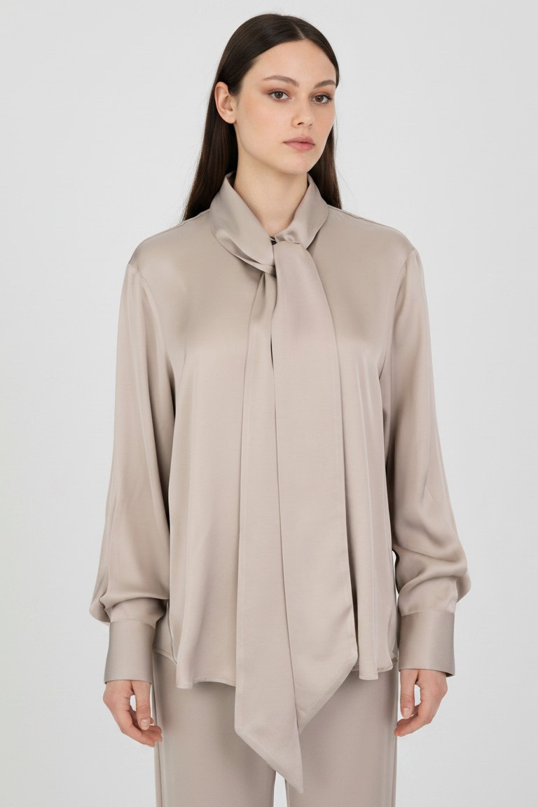 satin ecovero tie neck shirt philosophy beige