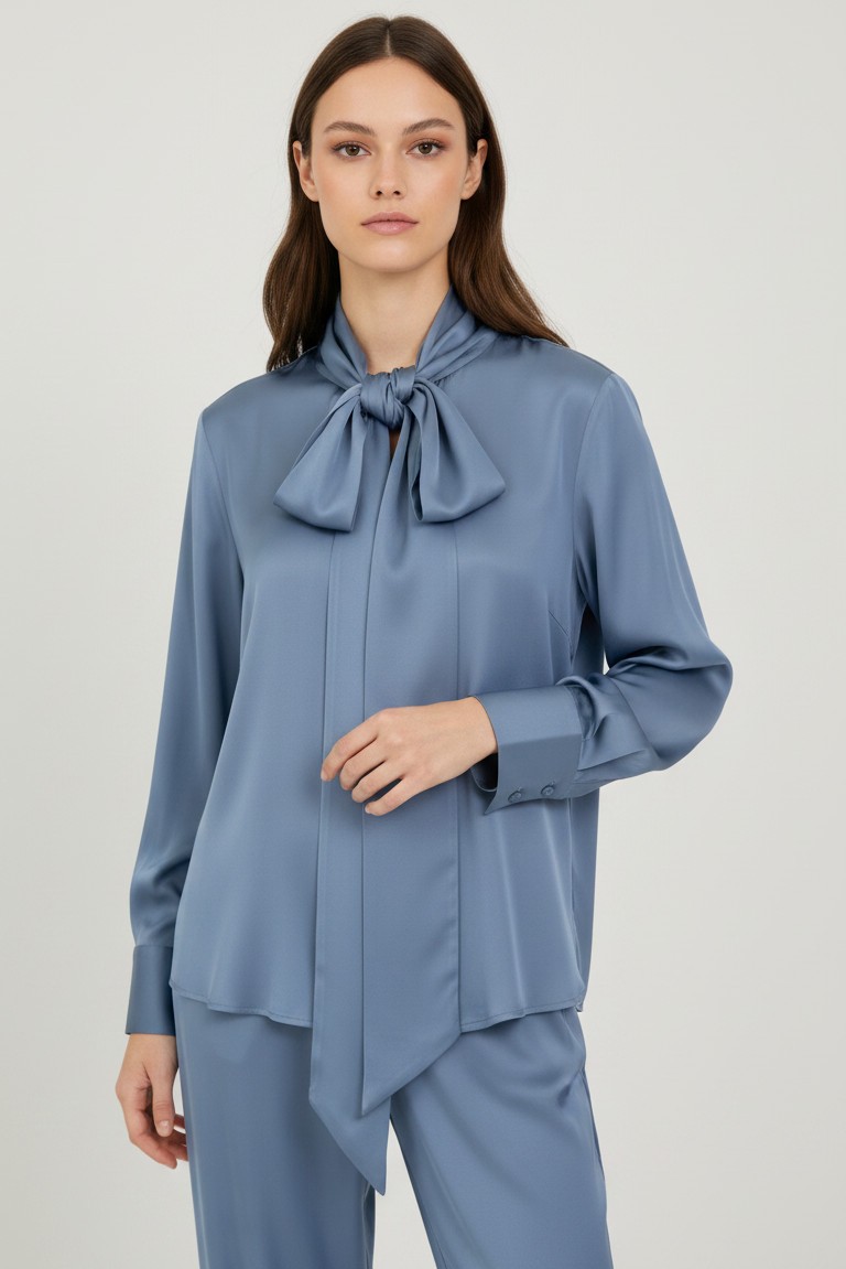 satin ecovero tie neck shirt philosophy light blue