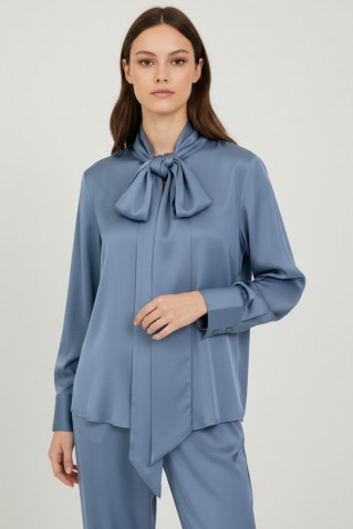 satin ecovero tie neck shirt philosophy light blue