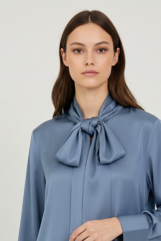 satin ecovero tie neck shirt philosophy light blue