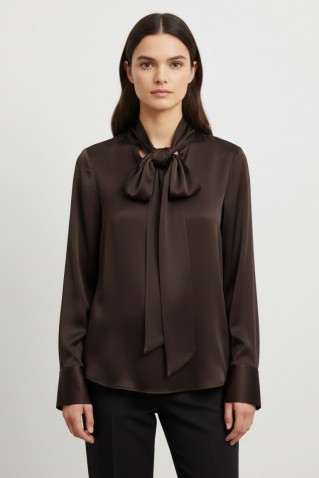satin ecovero tie neck shirt philosophy dark brown