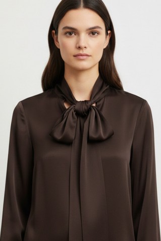 satin ecovero tie neck shirt philosophy dark brown