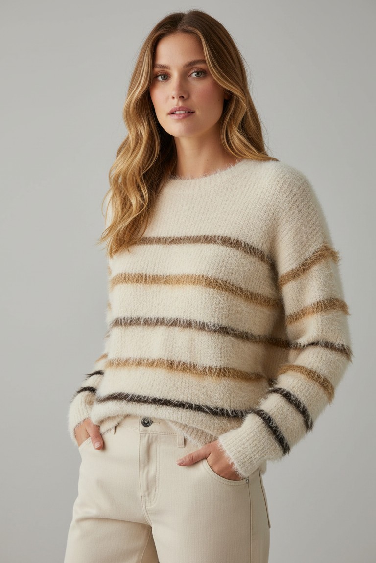 fuzzy stripe sweater red button brown