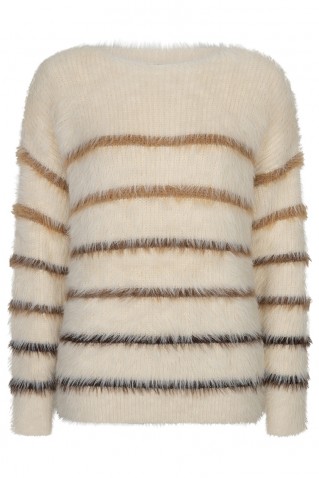 fuzzy stripe sweater red button brown