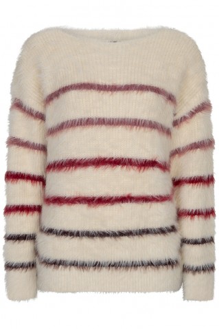 fuzzy stripe sweater red button cream/burgundy