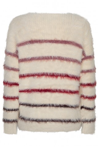 fuzzy stripe sweater red button cream/burgundy
