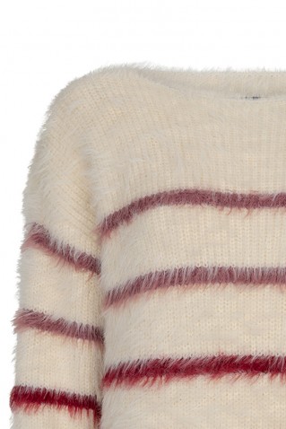 fuzzy stripe sweater red button cream/burgundy