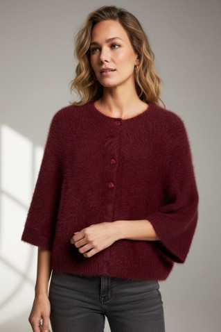 cardigan fuzzy poncho red button dark berry