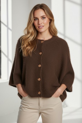 cardigan fuzzy poncho red button praline