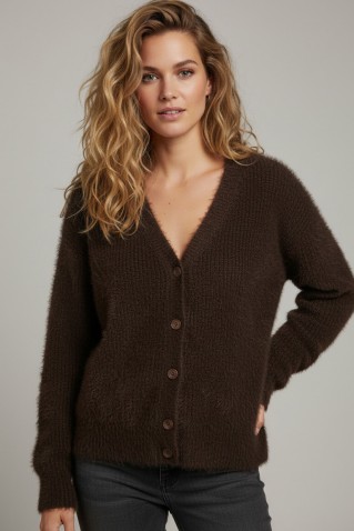 cardigan fuzzy red button espresso