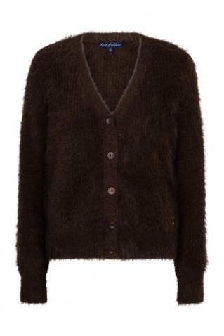 cardigan fuzzy red button espresso
