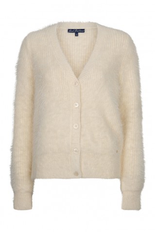 cardigan fuzzy red button cream