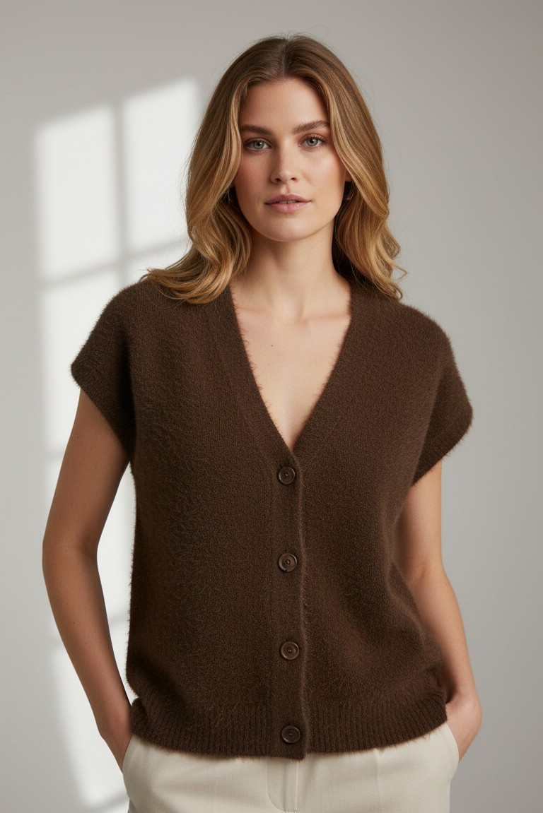 fluffy waistcoat red button praline