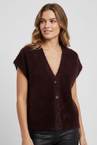 fluffy waistcoat red button burgundy
