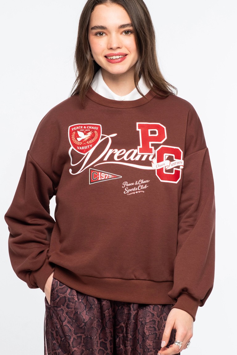 varcity sweater peace & chaos brown